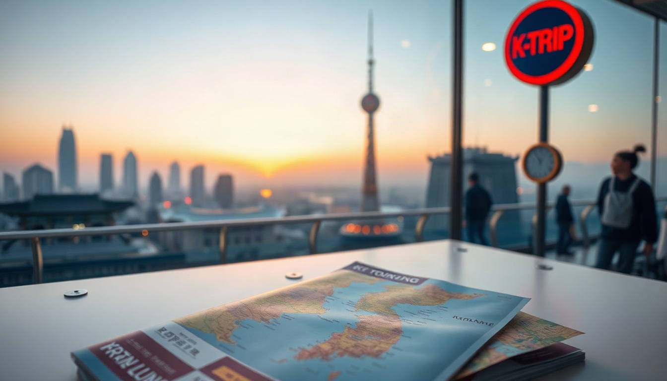 한국관광공사 전시 - flat lay of Korea tourism brochures and travel map on white desk, K-TRIP LOUNGE exhibition concept