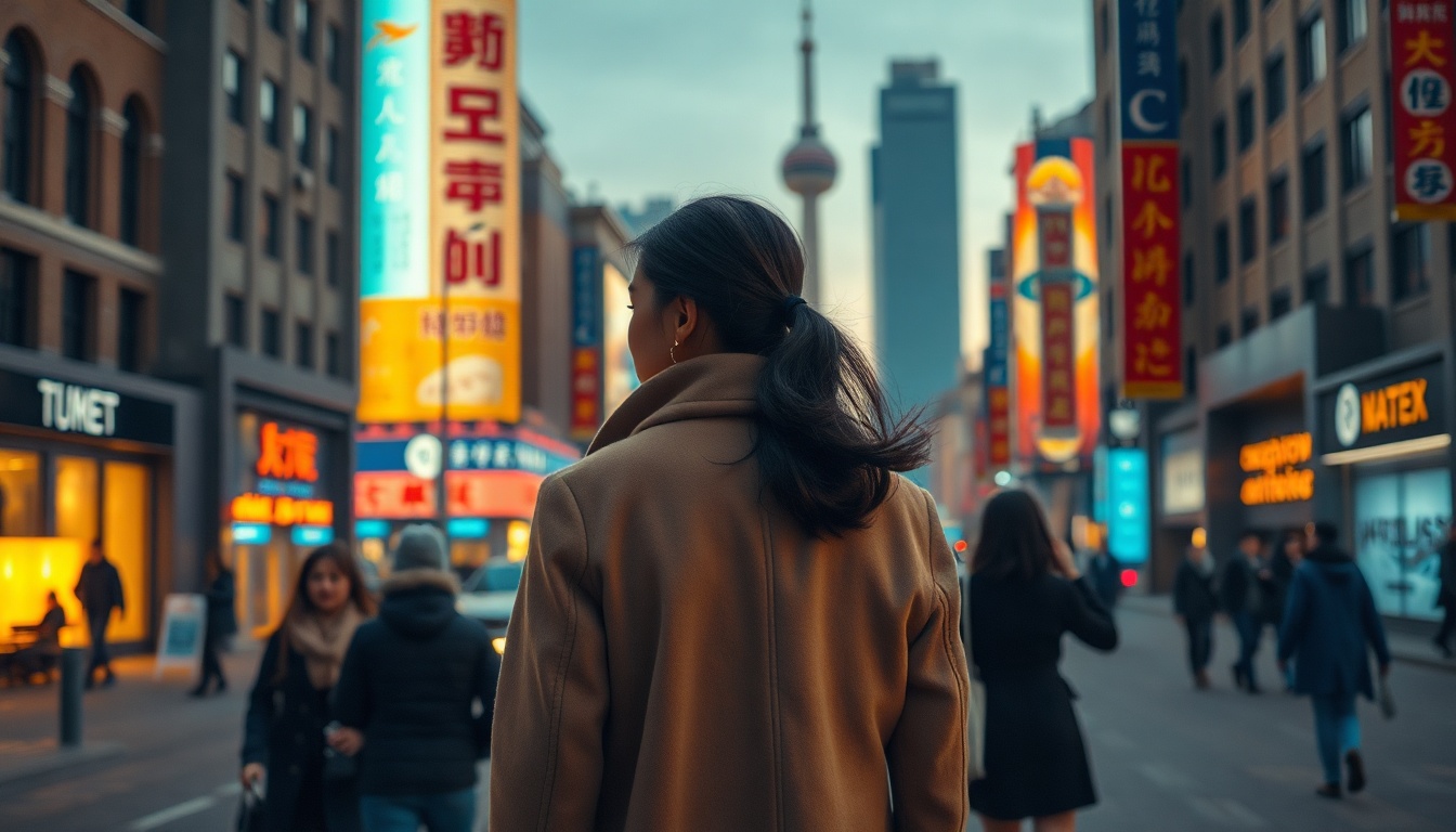 겨울 코디 - Korean woman full body shot with face visible, wearing beige wool long coat and turtleneck knit, winter coat outfit, natural posture on city street
