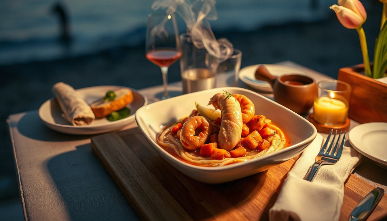 발리 여행 - Bali travel sunset view at Jimbaran beach with seafood dinner setup, romantic tropical atmosphere, candle lighting