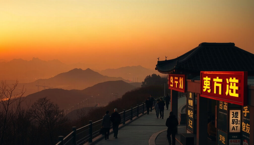 북한 주민 - aerial view of Korean DMZ border landscape with mountain scenery, North Korea visible in distance, peaceful morning atmosphere