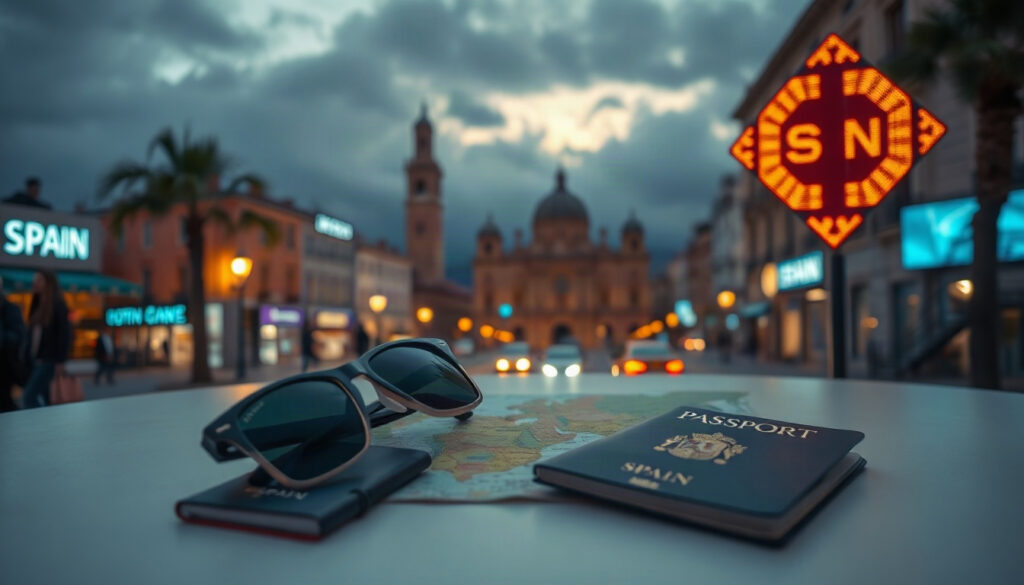 여기어때 스페인 - flat lay of Spain travel essentials including map passport and sunglasses on white background, Spain travel 2026 concept