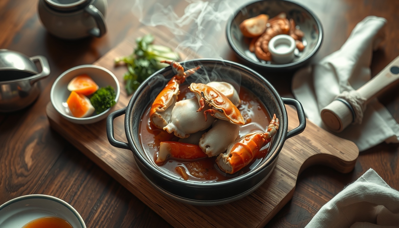먹잘알 해수부가 - Korean traditional seafood dish with abalone and crab served on wooden table, elegant summer meal setting, flat lay