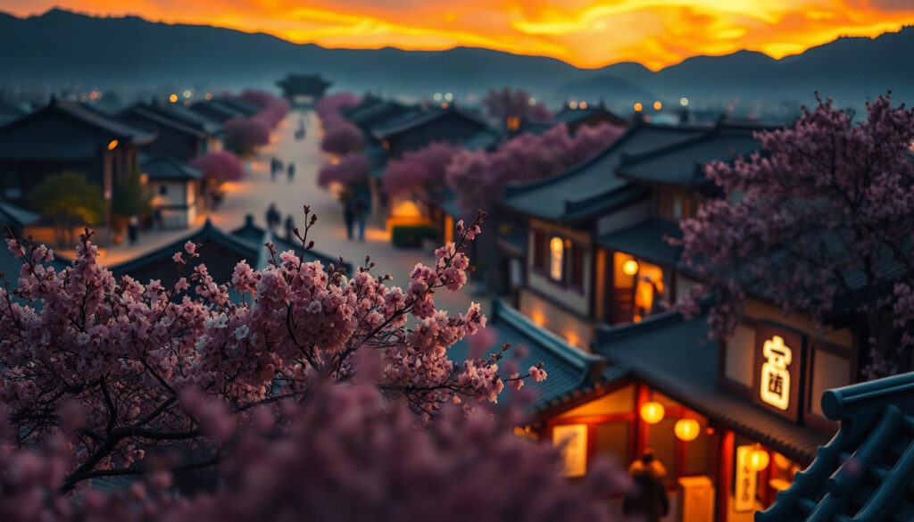 경상북도 문화마을이야기 - aerial view of a traditional Korean village surrounded by cherry blossoms in Gyeongbuk province, cultural village story travel
