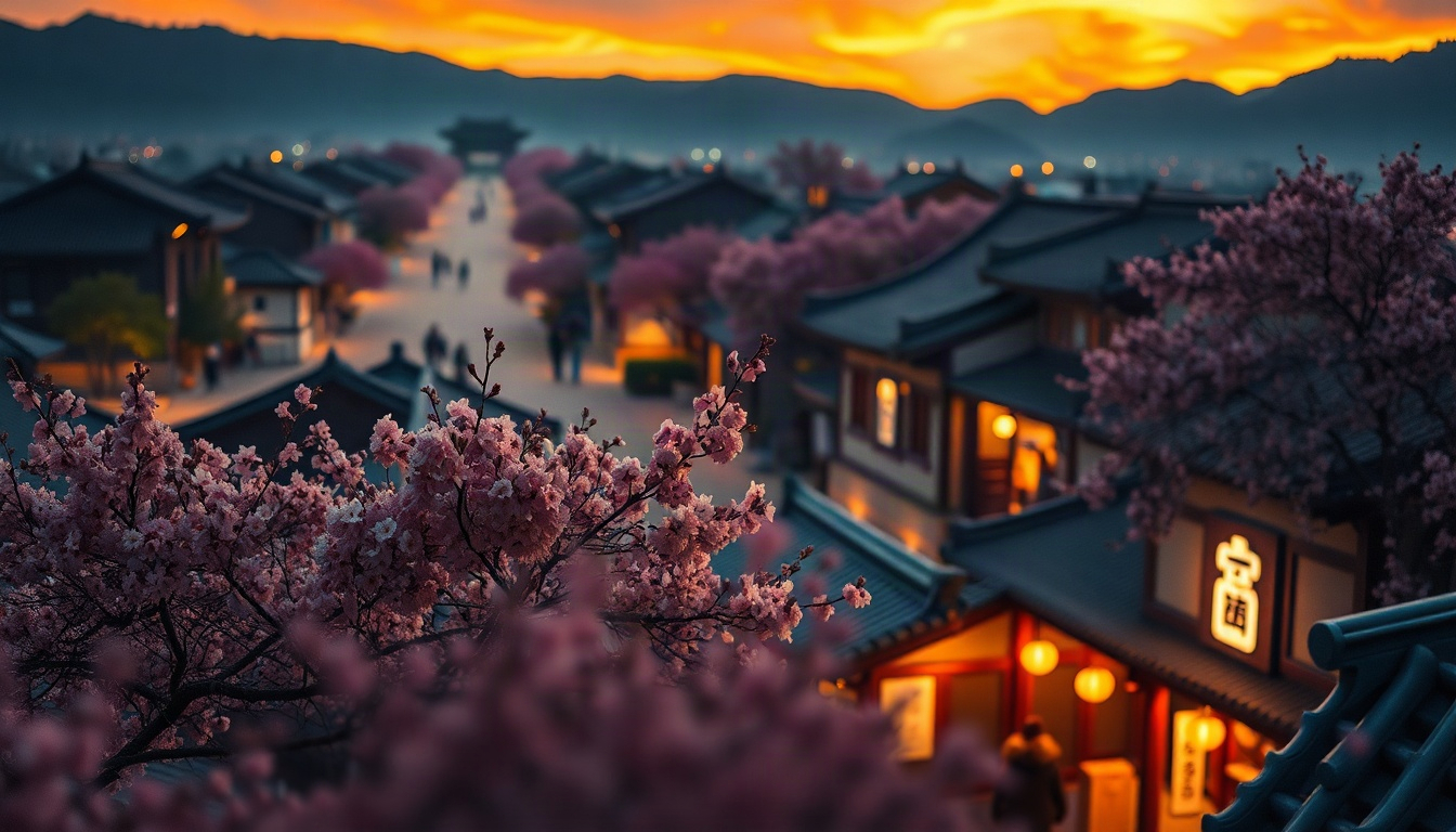 경상북도 문화마을이야기 - aerial view of a traditional Korean village surrounded by cherry blossoms in Gyeongbuk province, cultural village story travel