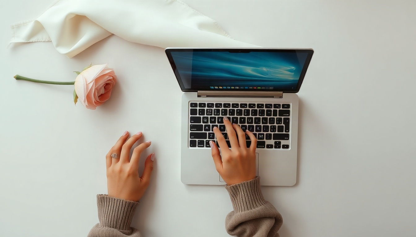 노트북 추천 - Korean woman upper body shot with face visible, smiling while using laptop at a bright modern cafe, natural hands on keyboard