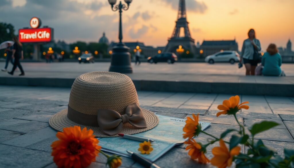 트래블투데이 별빛과 - flat lay of summer travel essentials including sunhat, map, and flowers representing Yeongcheon travel destination in Korea