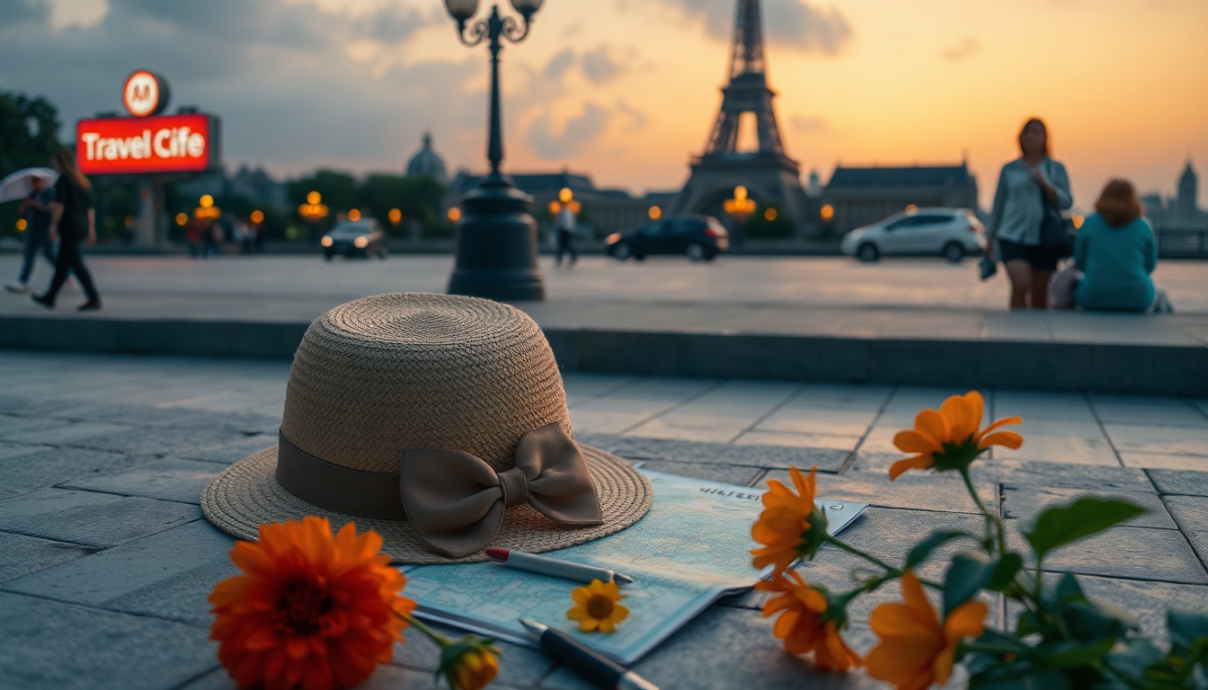 트래블투데이 별빛과 - flat lay of summer travel essentials including sunhat, map, and flowers representing Yeongcheon travel destination in Korea