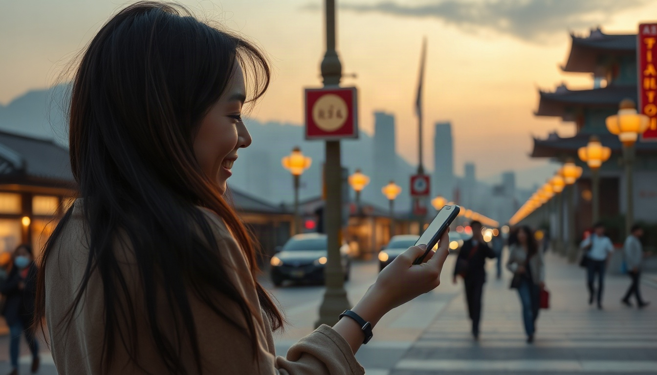 레저 브리핑 - Korean woman upper body shot with face visible, smiling while browsing travel app on smartphone at cozy cafe, natural hands, leisure travel planning concept