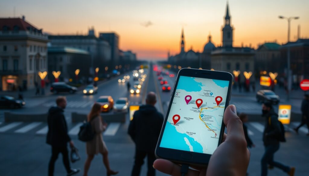 박찬대표 스마트관광 - flat lay of smartphone showing smart tourism app interface with map pins and travel icons, modern AI travel concept