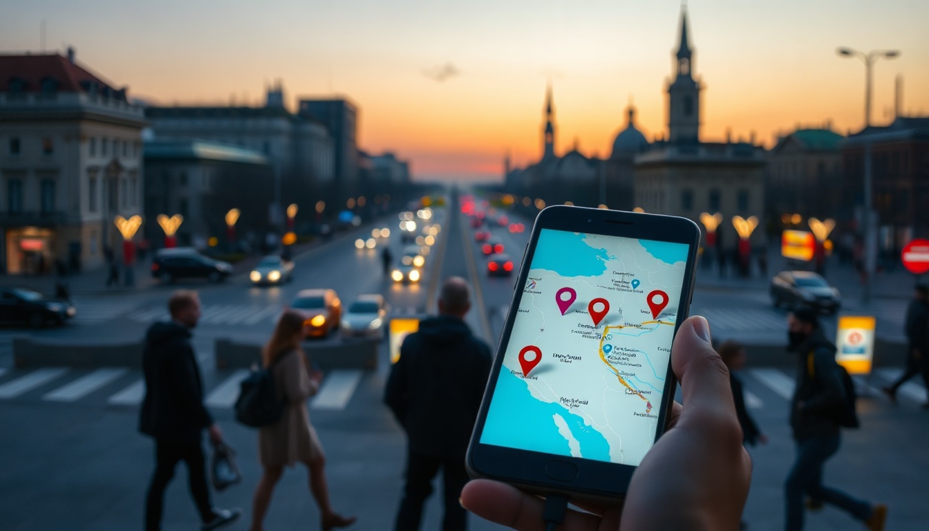 박찬대표 스마트관광 - flat lay of smartphone showing smart tourism app interface with map pins and travel icons, modern AI travel concept