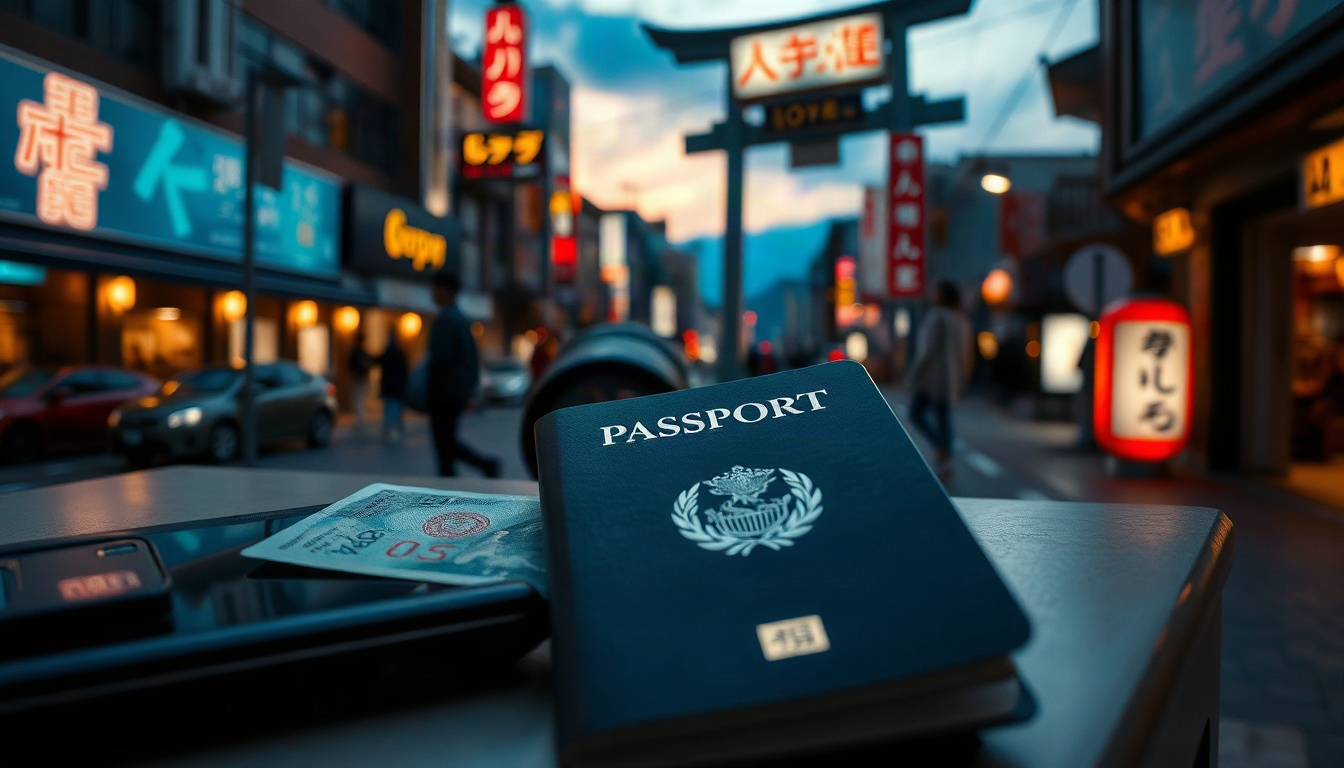 오사카 여행 - flat lay of Japan travel essentials including passport, ICOCA card, Japanese yen, and travel guide book on white background, Osaka travel concept