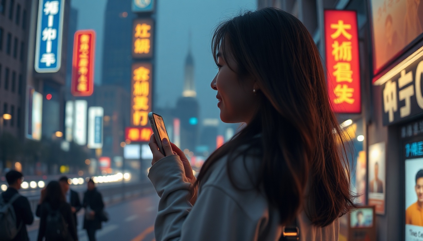 여행족엔 할인 - Korean woman upper body shot with face visible, smiling and looking at smartphone showing travel booking app, natural hands, bright lifestyle background