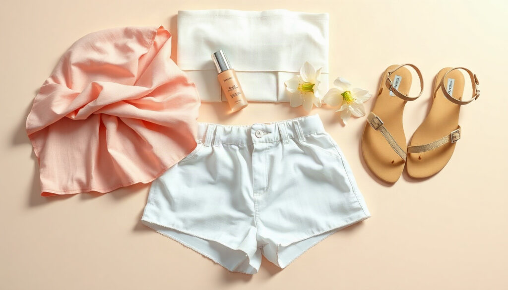 여름 코디 - flat lay of summer fashion items including linen top, white shorts, sandals and sunglasses on pastel background, summer coordination concept