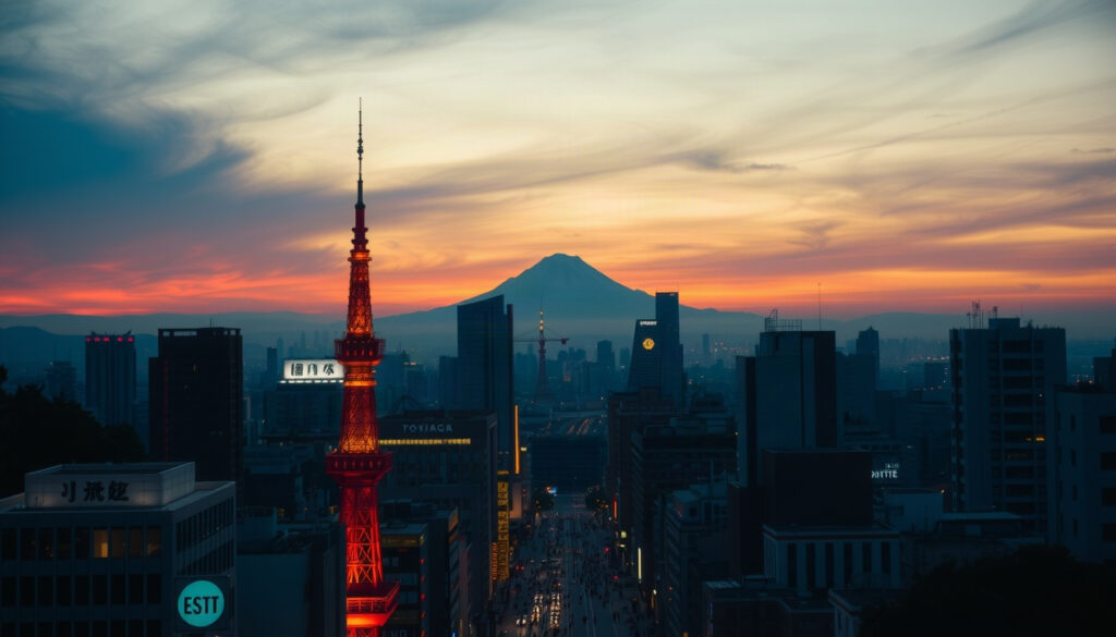 일본 여행 - aerial view of Tokyo cityscape at sunset with Mount Fuji in background, Japan travel concept, vibrant colors