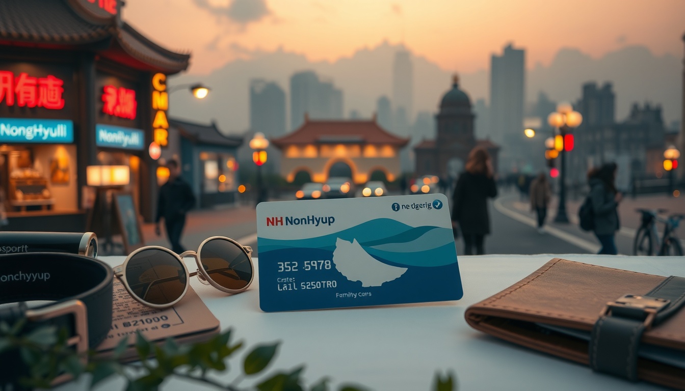 농협카드 해외 - flat lay of NH NongHyup card, passport, and travel accessories on white background, overseas travel discount concept