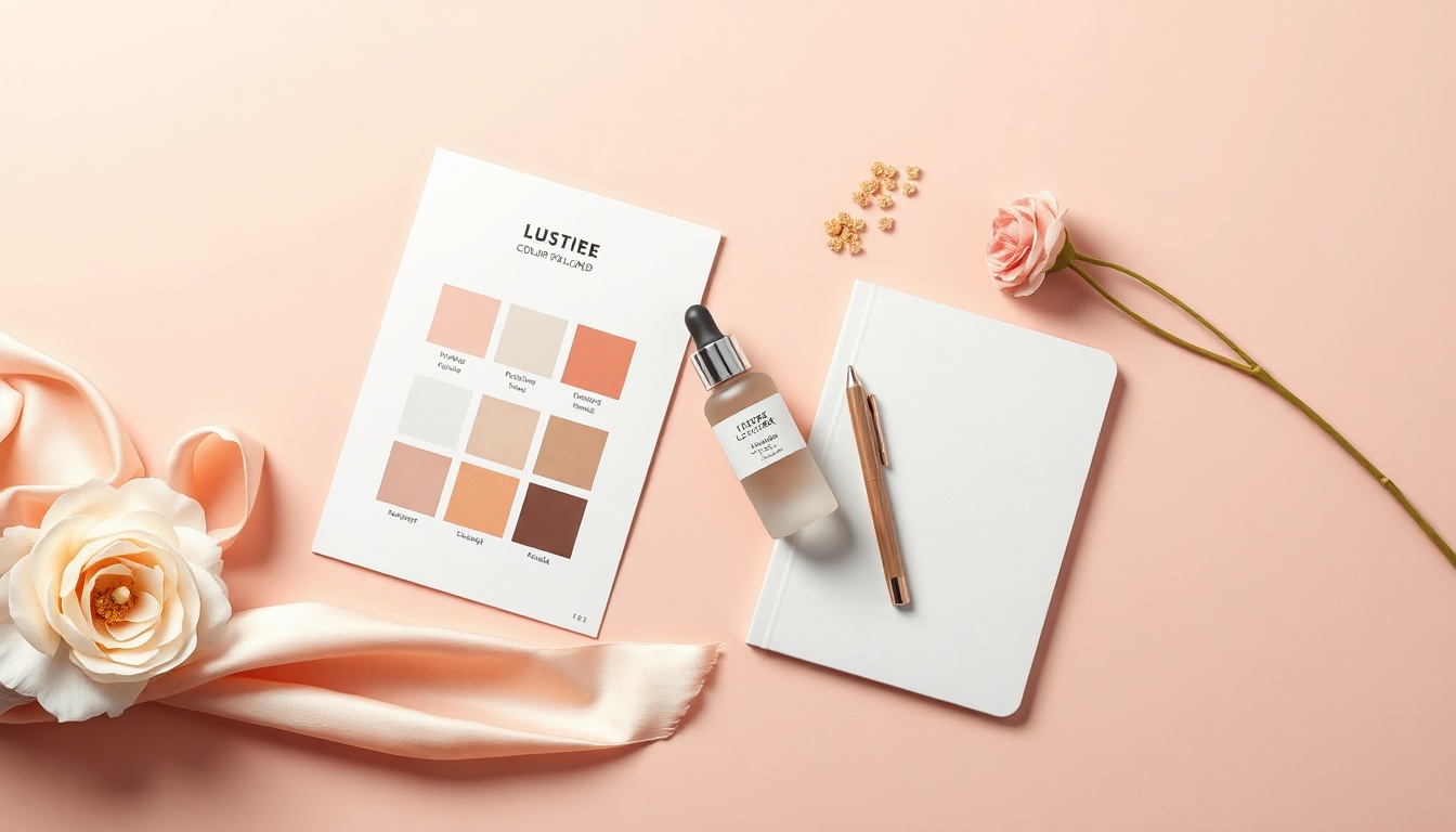 무료 디자인 툴 - flat lay of color palette, design mood board, and notebook with pen on pastel background, free design tools inspiration