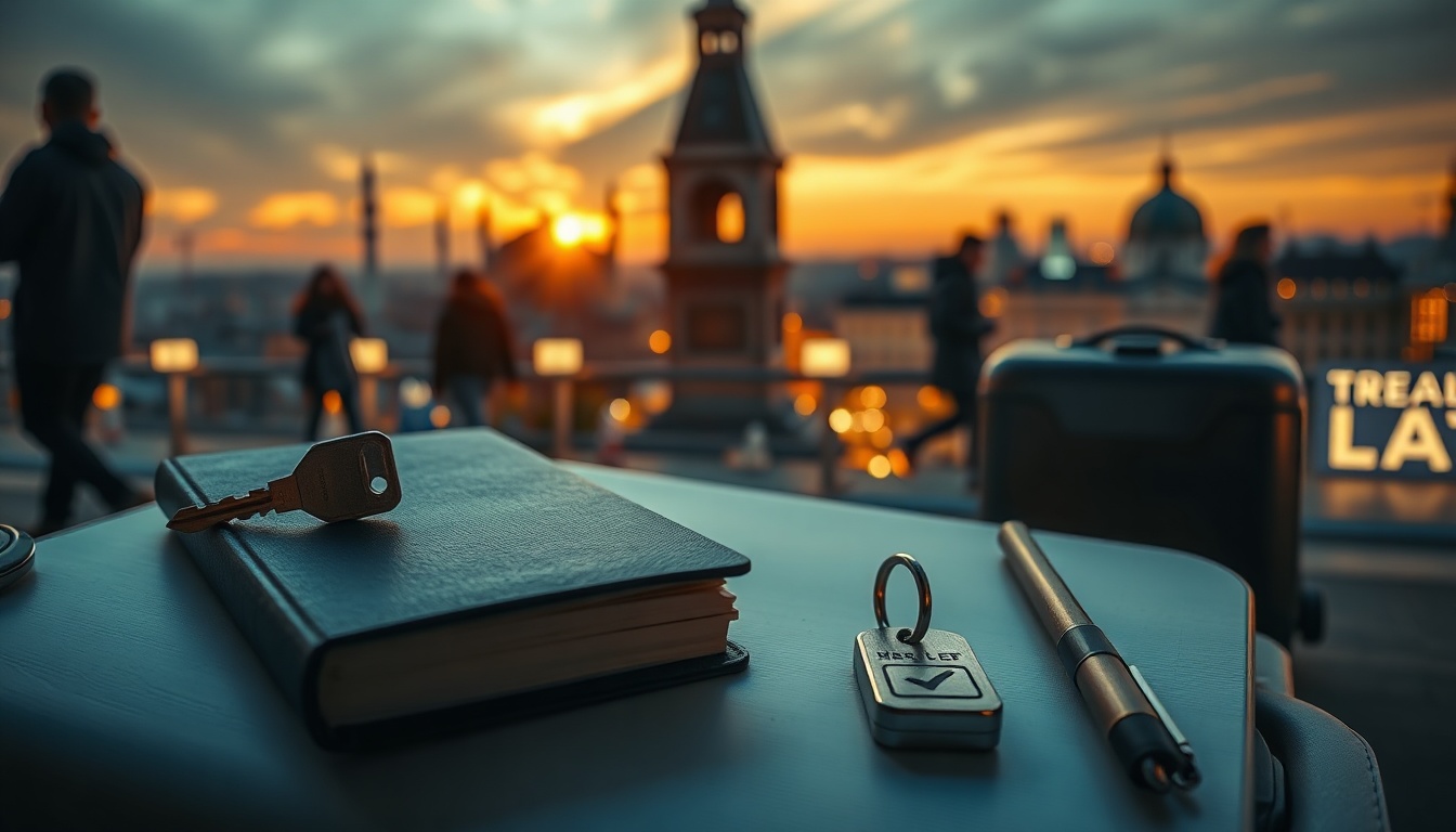 자취꿀팁 휴가철 - flat lay of travel checklist notebook, house key, and small suitcase on white desk, vacation preparation concept