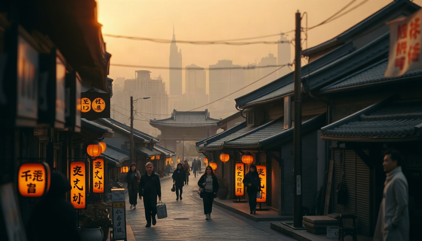 시론 관광의 - slow travel concept, Korean small town alley with traditional hanok buildings and cozy cafe, peaceful atmosphere