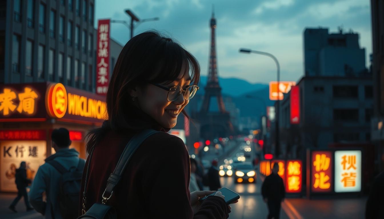 농협카드 해외 - Korean woman upper body shot with face visible, smiling while checking smartphone at airport departure gate, natural hands, travel planning concept