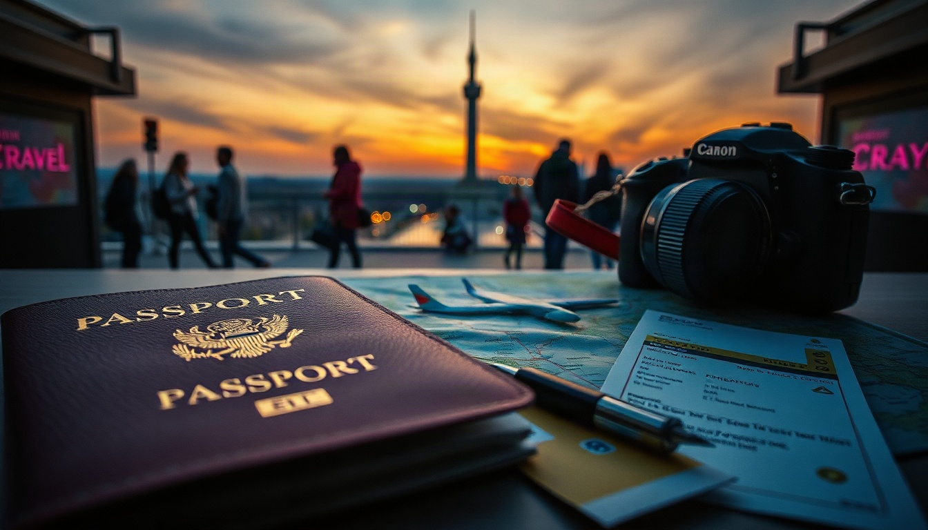 조좌진 하나투어 - flat lay of travel essentials including passport, map, airplane ticket and camera on white desk, travel trend 2026 concept