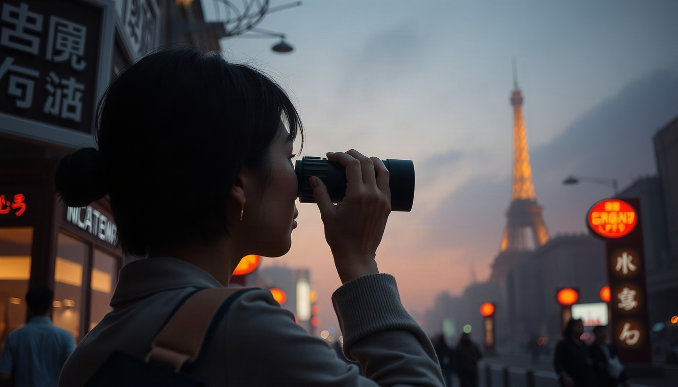 북한 주민 - Korean woman upper body shot with face visible, looking through binoculars at North Korean scenery from observation platform, emotional expression, natural hands