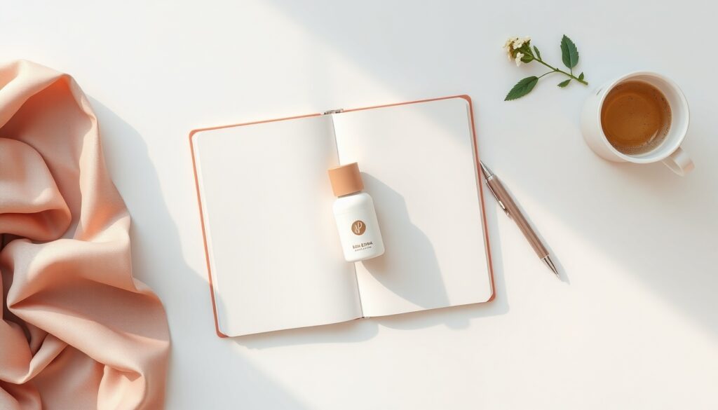자기계발 방법 - flat lay of open notebook, pen, coffee cup and plant on white desk, self-improvement daily routine concept