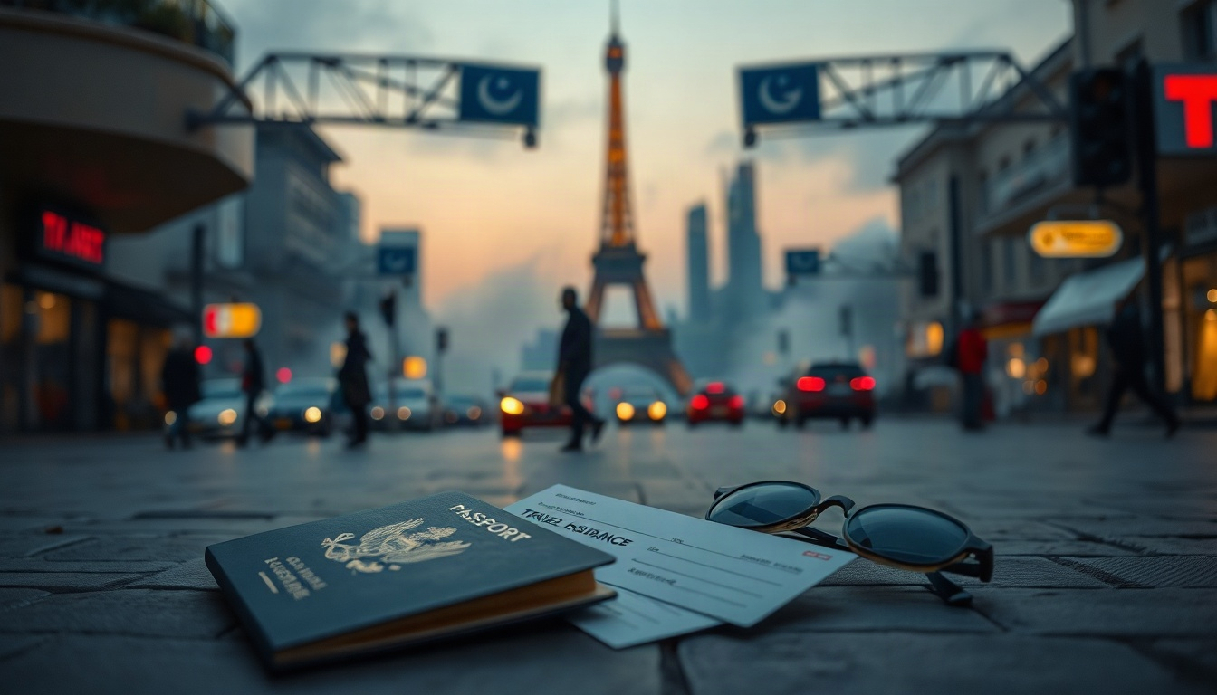 여행자 보험 - flat lay of travel essentials including passport, travel insurance card, sunglasses, camera and luggage tag on light blue background, travel insurance preparation