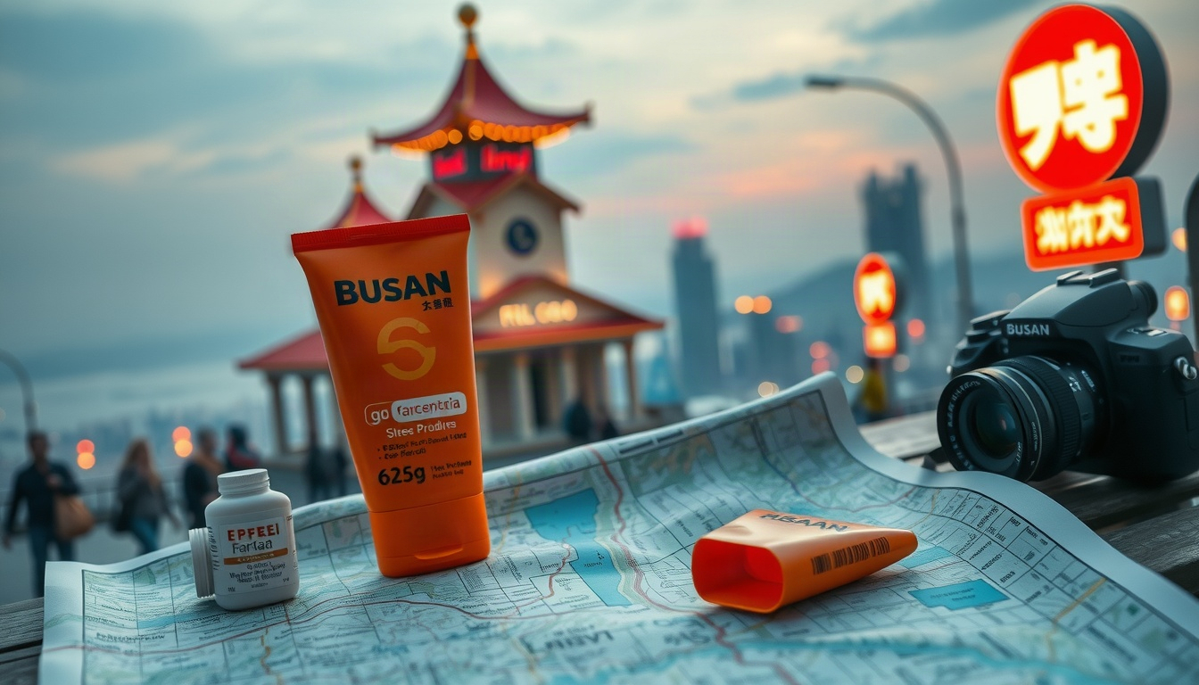 부산 여행 - flat lay of Busan travel essentials including map, sunscreen, and camera on pastel background, travel planning concept