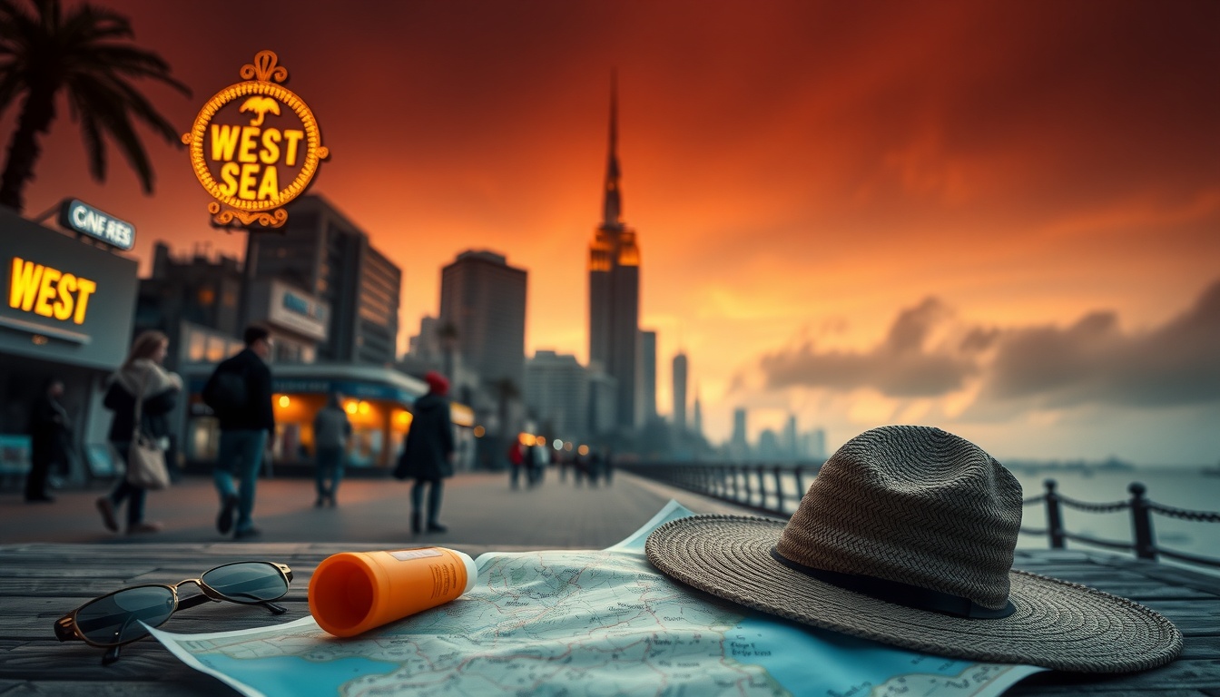 경기관광공사 서해 - flat lay of West Sea travel essentials including sunscreen, beach hat, and map on white background, summer travel concept