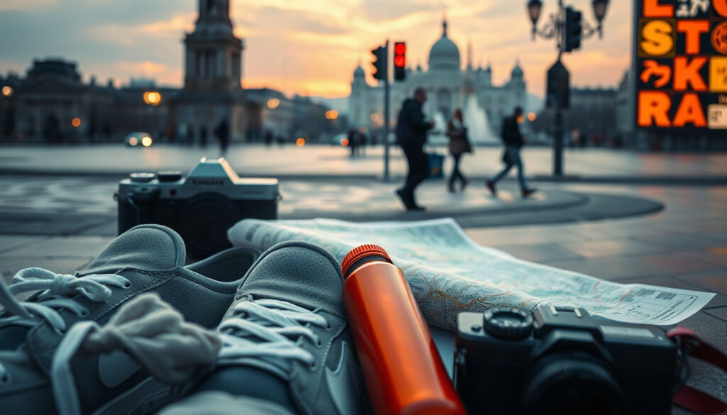 화요시선 일상 - flat lay of travel essentials including sneakers, map, water bottle and camera on pastel background, everyday sports tourism concept