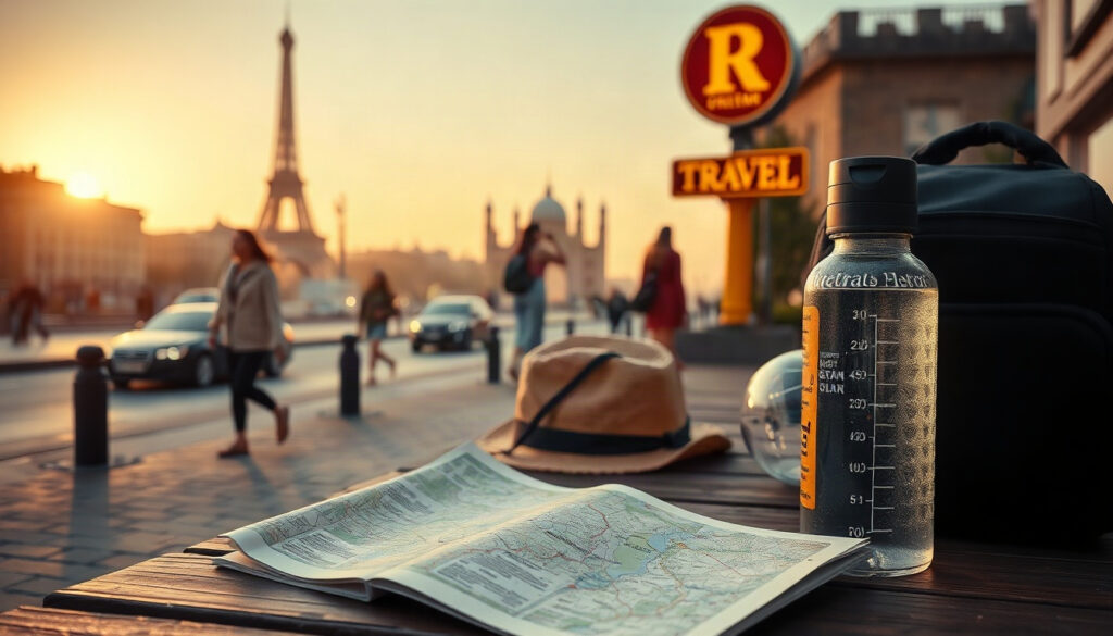 길로 가면 - flat lay of summer travel essentials including sunscreen, water bottle, map and hat on white background, summer travel concept
