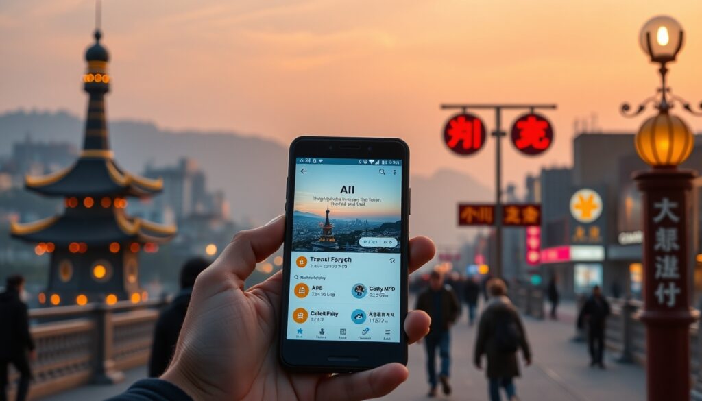 검색으로 외국인 - flat lay of smartphone showing AI search travel app with Korean landmark background, travel and tourism concept