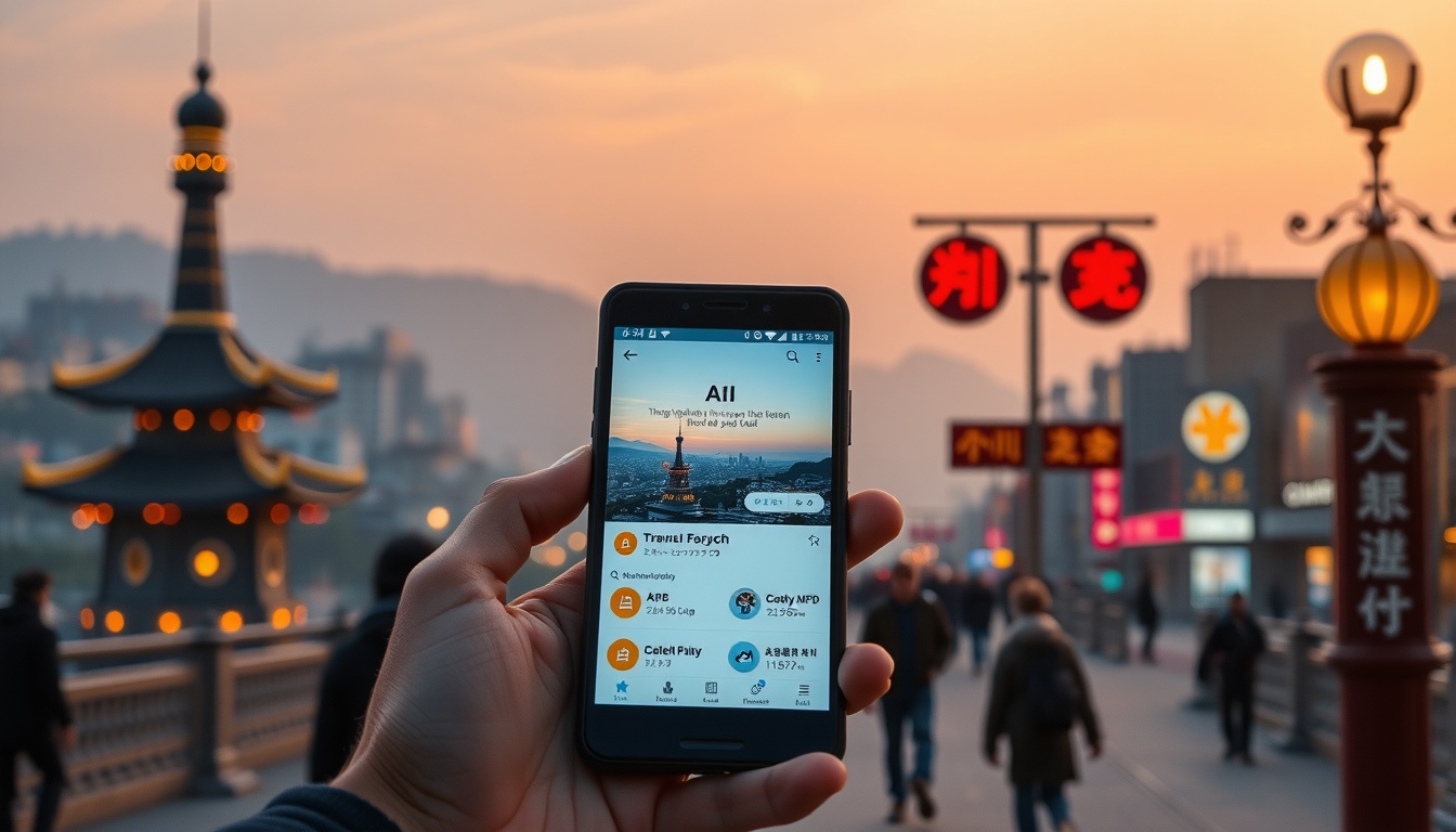 검색으로 외국인 - flat lay of smartphone showing AI search travel app with Korean landmark background, travel and tourism concept