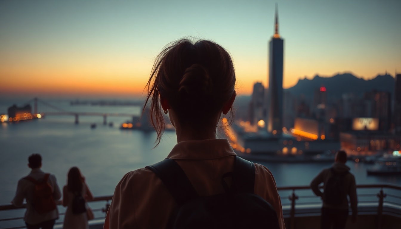 호텔 추천 - Korean woman upper body shot with face visible, looking at ocean view from luxury hotel window, travel and hotel recommendation mood