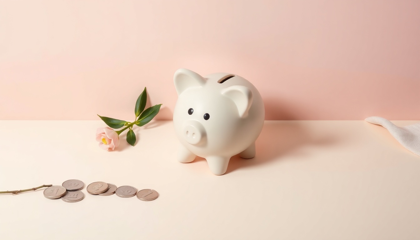 생활비 절약 - flat lay of piggy bank, coins and small plant on pastel background, saving money lifestyle concept