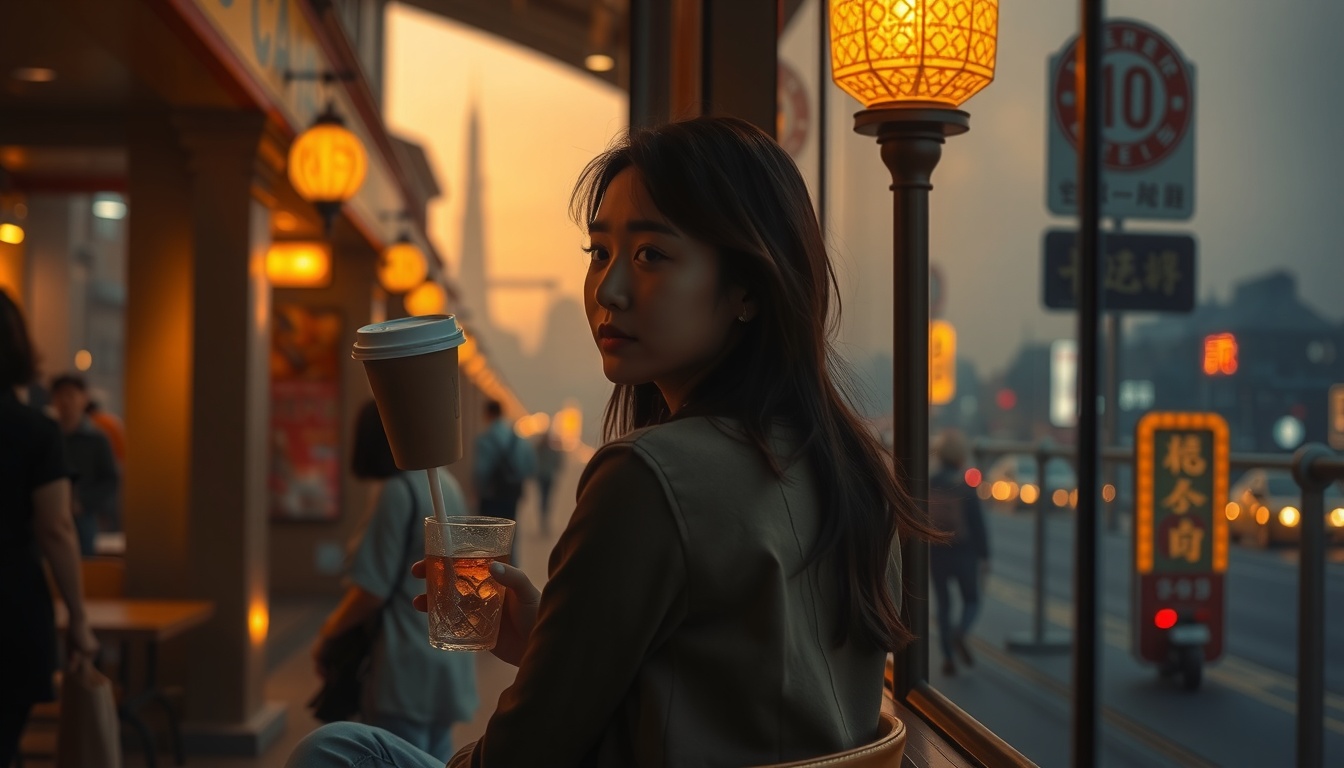 풍경만큼 오래 - Korean woman full body shot with face visible, sitting at a cafe window with a book and coffee, warm natural light, travel scenery outside window