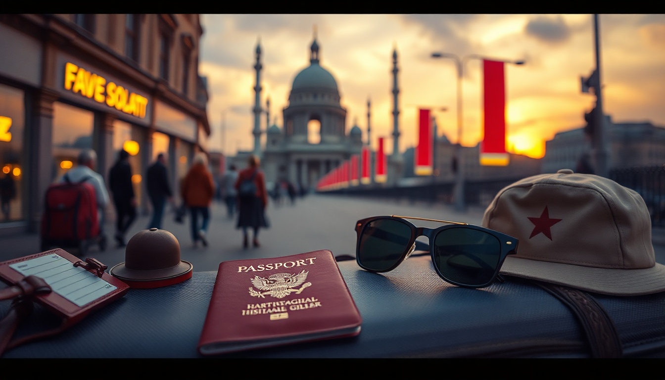 여행 준비물 - flat lay of travel essentials including passport, suitcase, sunglasses, and travel accessories on white background, overhead view