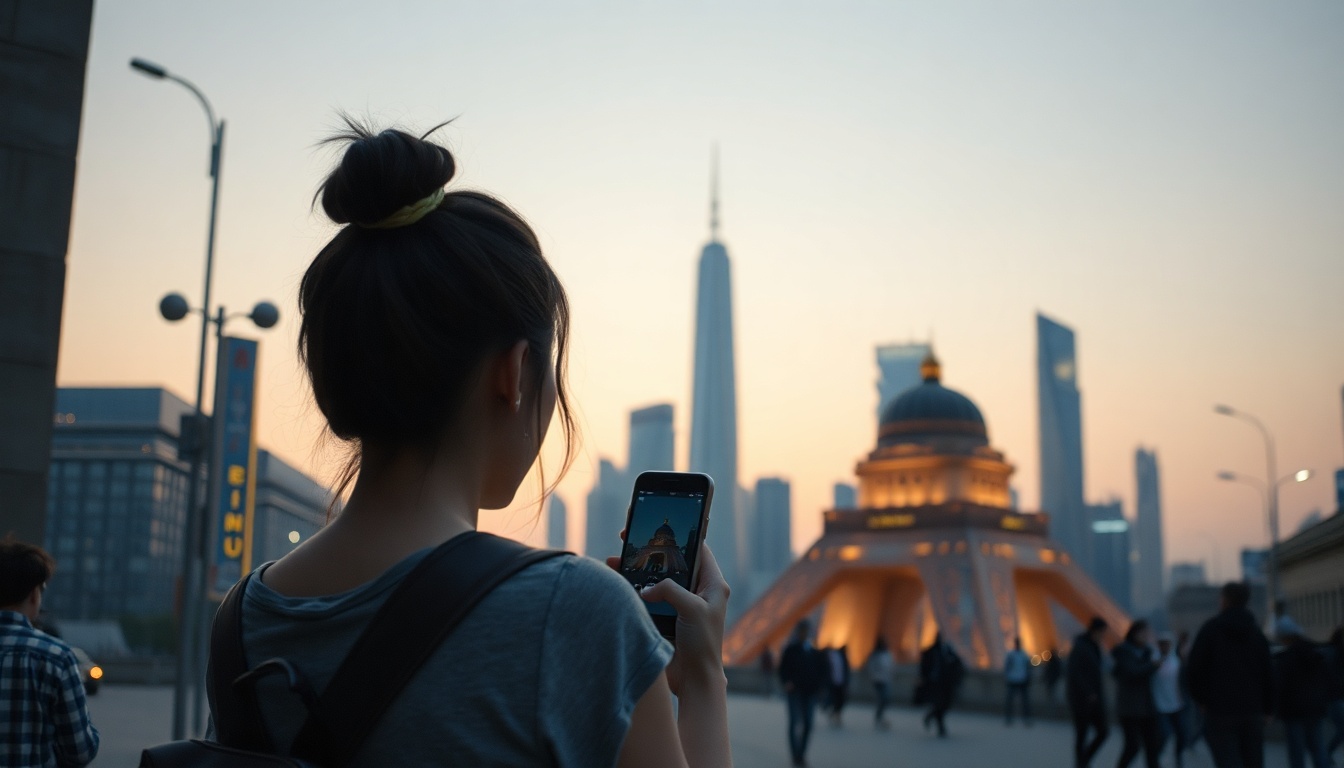 박찬대표 스마트관광 - Korean woman upper body shot with face visible, using smartphone for AI smart tourism navigation at a scenic coastal park, natural hands