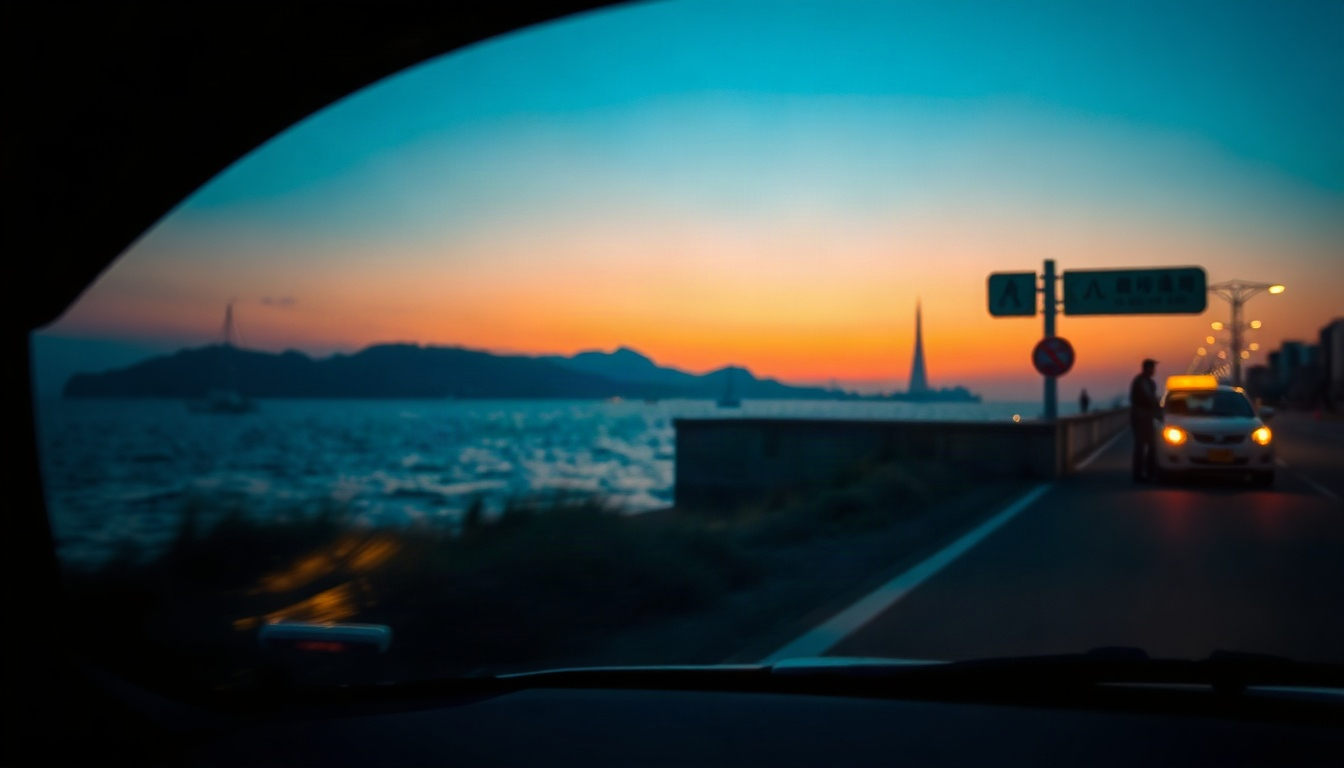 차에서 보니 - scenic coastal road drive in South Korea, blue ocean view from car window, summer travel concept, flat lay style map and sunglasses