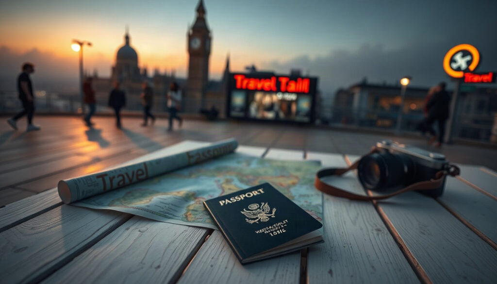 관광공사 근로자 - flat lay of travel essentials including map, passport, and camera on white wooden desk, Korean domestic travel discount concept