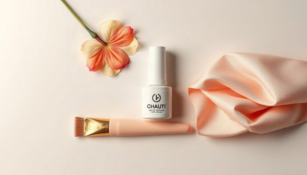네일 아트 - flat lay of nail art tools including gel polish, nail brush, and pastel color swatches on white marble background, nail art trend concept