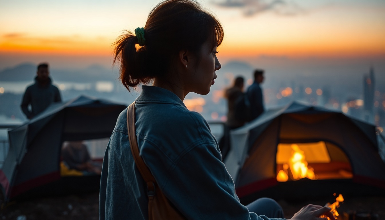 캠핑 추천 - Korean woman in camping site, full body shot with face visible, sitting by campfire at night with stars in background, natural hands holding mug