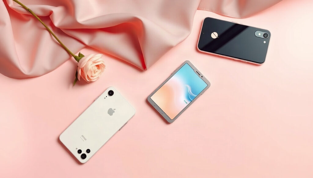 핸드폰 추천 - flat lay of multiple smartphones on pastel pink background, 2026 smartphone recommendation concept, overhead view