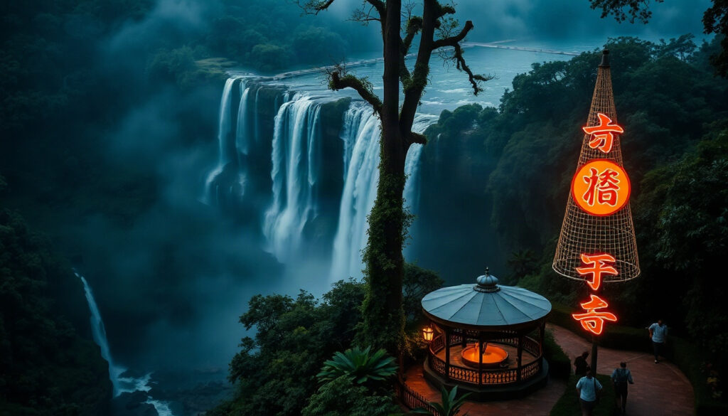 주차장서 도보 - aerial view of a beautiful waterfall surrounded by lush green forest in South Korea, nature travel destination