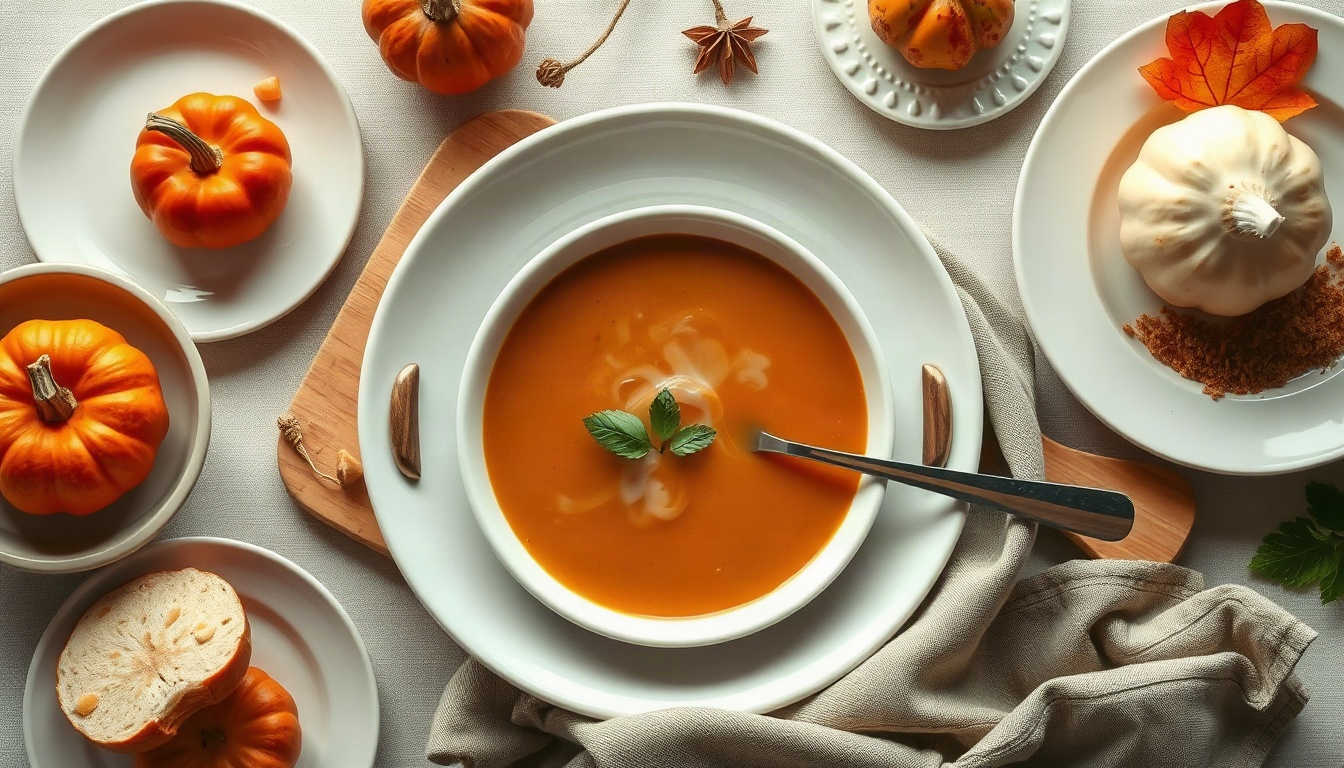 요리 레시피 - overhead view flat lay of autumn cooking recipe ingredients, pumpkin soup bowl and sauteed mushrooms on wooden table, warm cozy mood