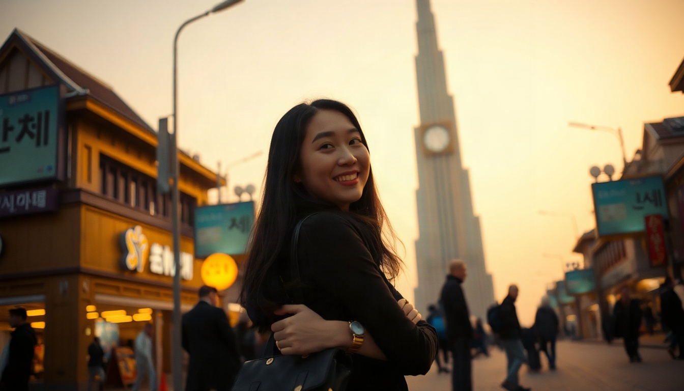 추천한 자동차 - Korean woman upper body shot with face visible, smiling while standing next to a white electric car at a charging station in autumn, natural hands, AI recommended car travel concept