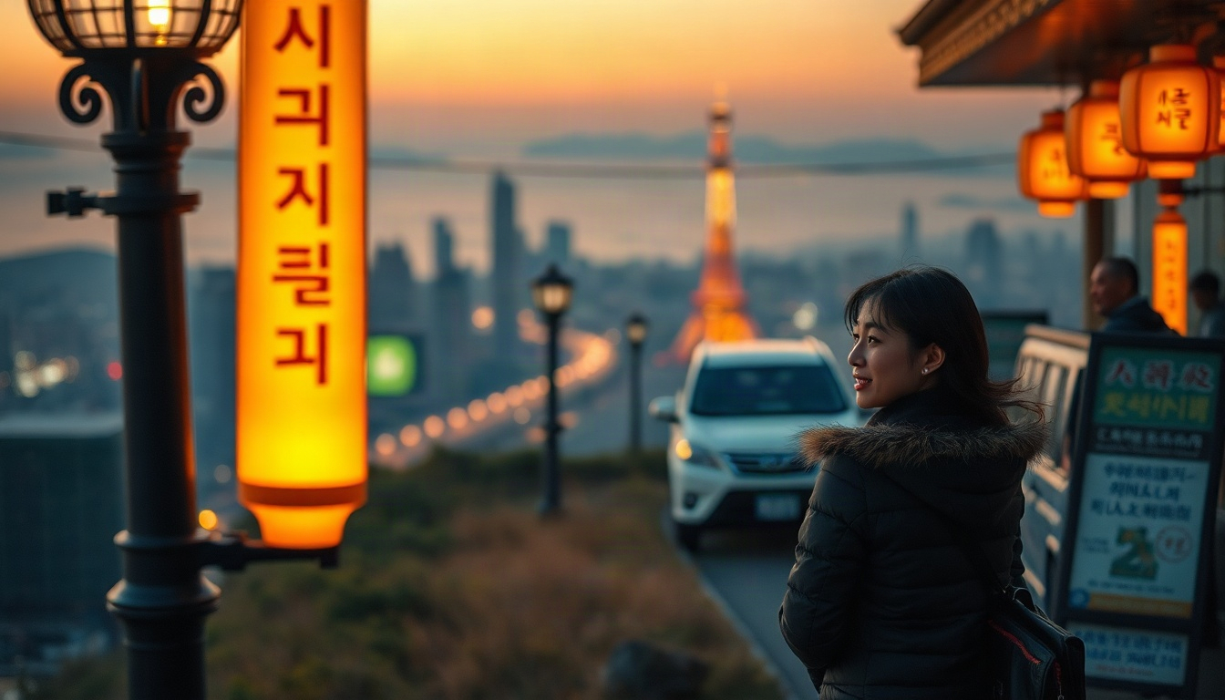 라이프 포커스 - Korean woman upper body shot with face visible, smiling on mountain trail with red and yellow autumn maple leaves, life focus autumn foliage trip, natural hands