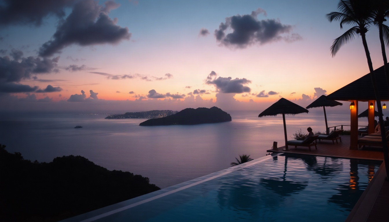 부킹닷컴 한국 - cozy luxury resort villa with private pool overlooking tropical sea at sunset, honeymoon accommodation Booking.com Korea concept, no people