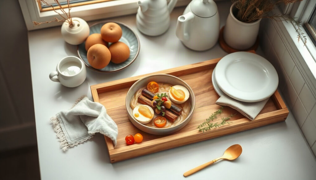 홈카페 꾸미기 - cozy home cafe decorating corner on small kitchen counter with wooden tray, ceramic mugs, pour over coffee set and warm light, product shot