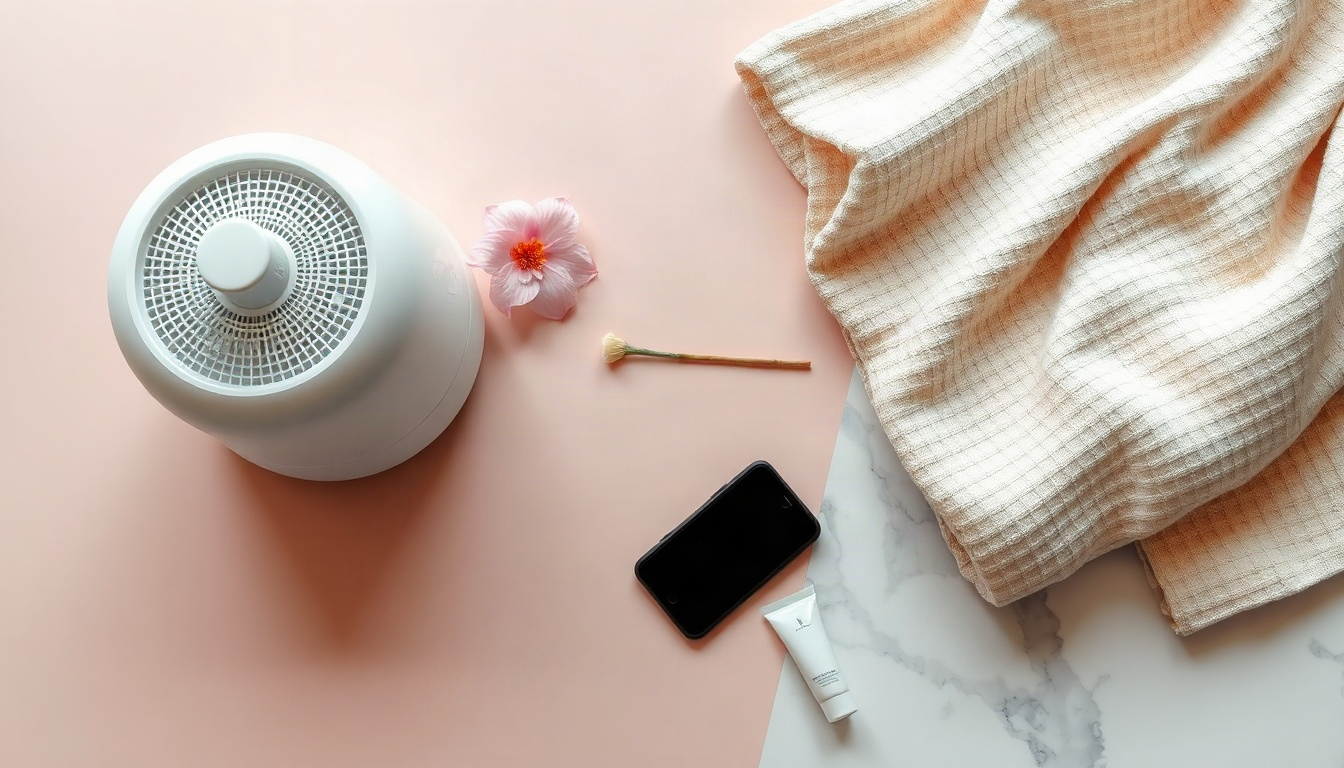 생활 꿀팁 - flat lay of humidifier, hand cream, knitted blanket and smartphone with checklist on wooden table, life hacks for cozy winter home, overhead view